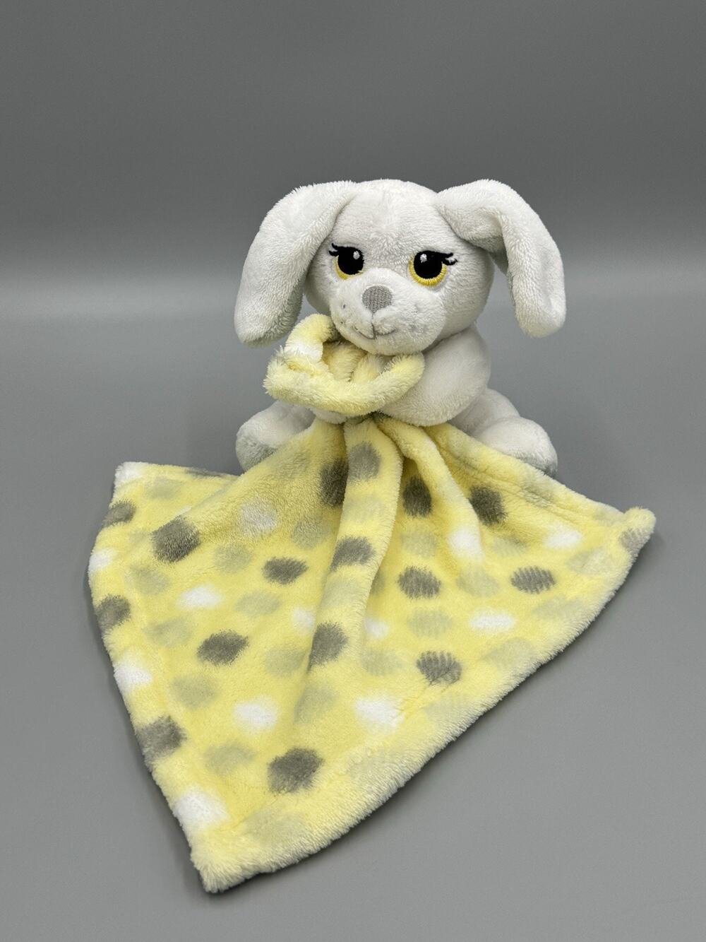 Little Beginnings Puppy Dog Lovey Baby Security Blanket White Yellow Gray Dots